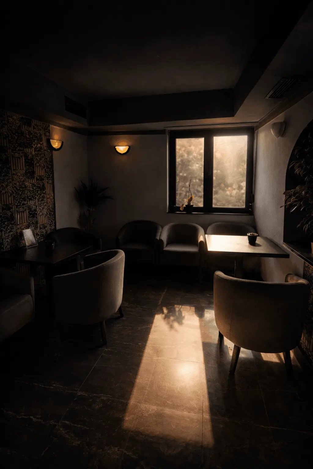 Cozy café seating with soft light
